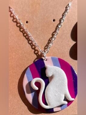 Boho Coastal Handmade and Hand painted Clay Cat pendant necklace